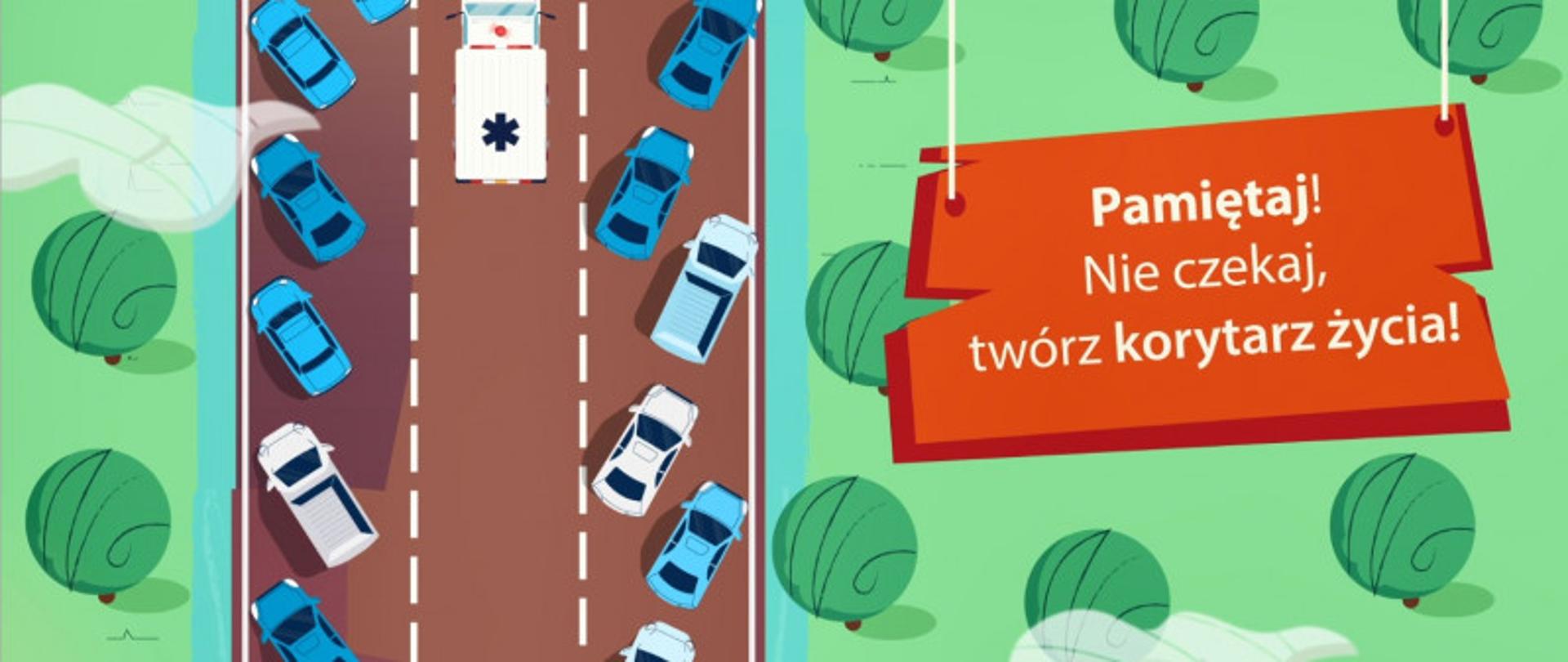 Kadr z filmu animowanego Nie czekaj, twórz korytarz życia. Widoczna z lotu ptaka trzypasmowa droga, na której samochody utworzyły przejazd - tzw. korytarz życia, dla przejeżdżającej karetki pogotowia.