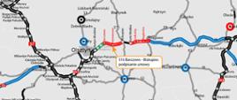 Mapa z lokalizacją drogi S16 i wskazaniem odcinka Barczewo-Biskupiec dla którego podpisano umowę.